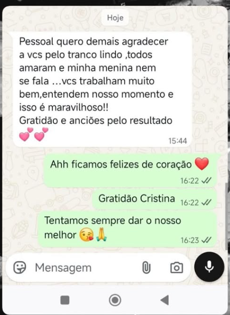 Cliente agradece pelo trabalho, diz que todos amaram e que o resultado ficou maravilhoso